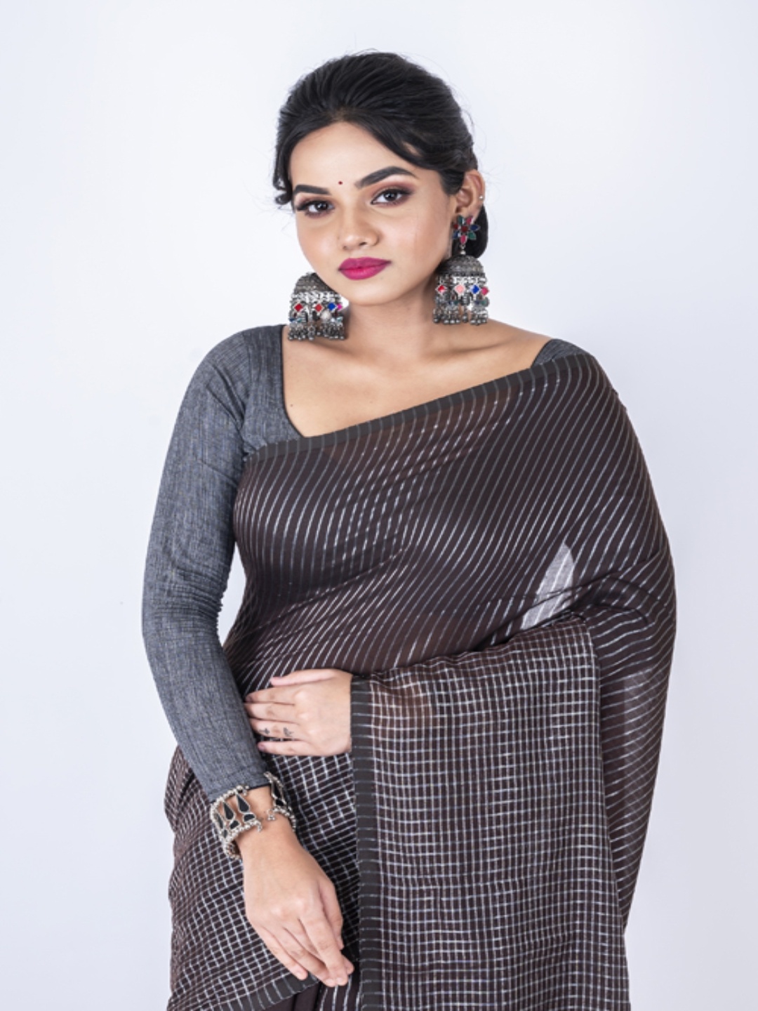 

Morchari Striped Printed Saree, Brown