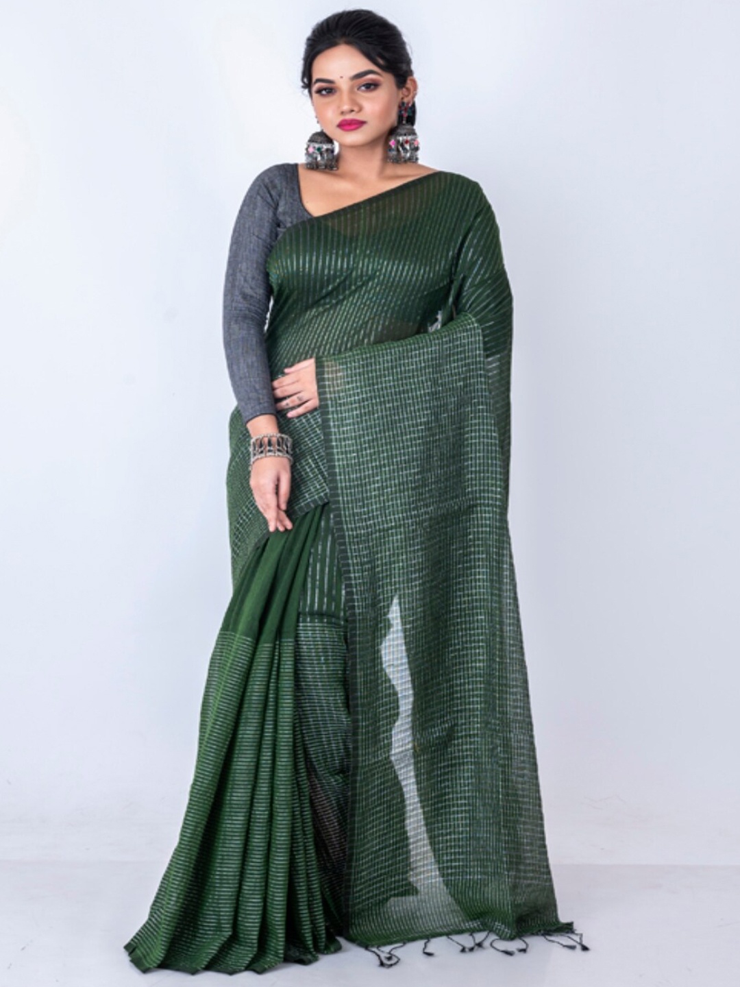 

Morchari Striped Woven Design Saree, Green