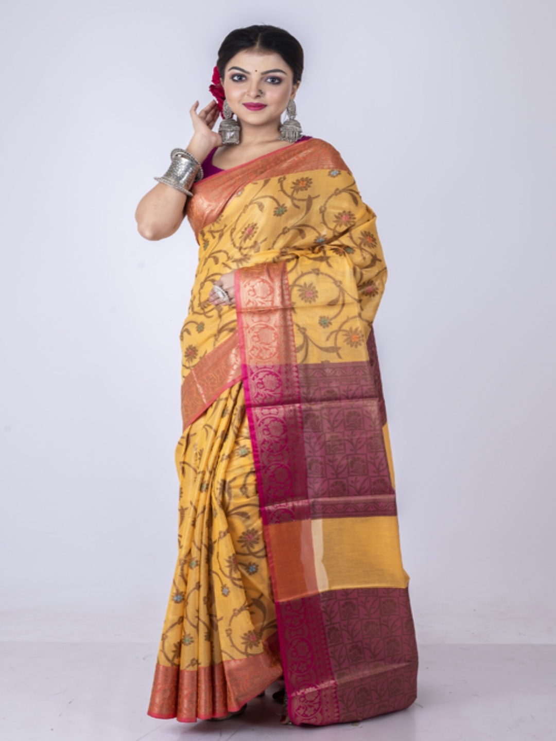 

Morchari Floral Woven Design Banarasi Saree, Mustard