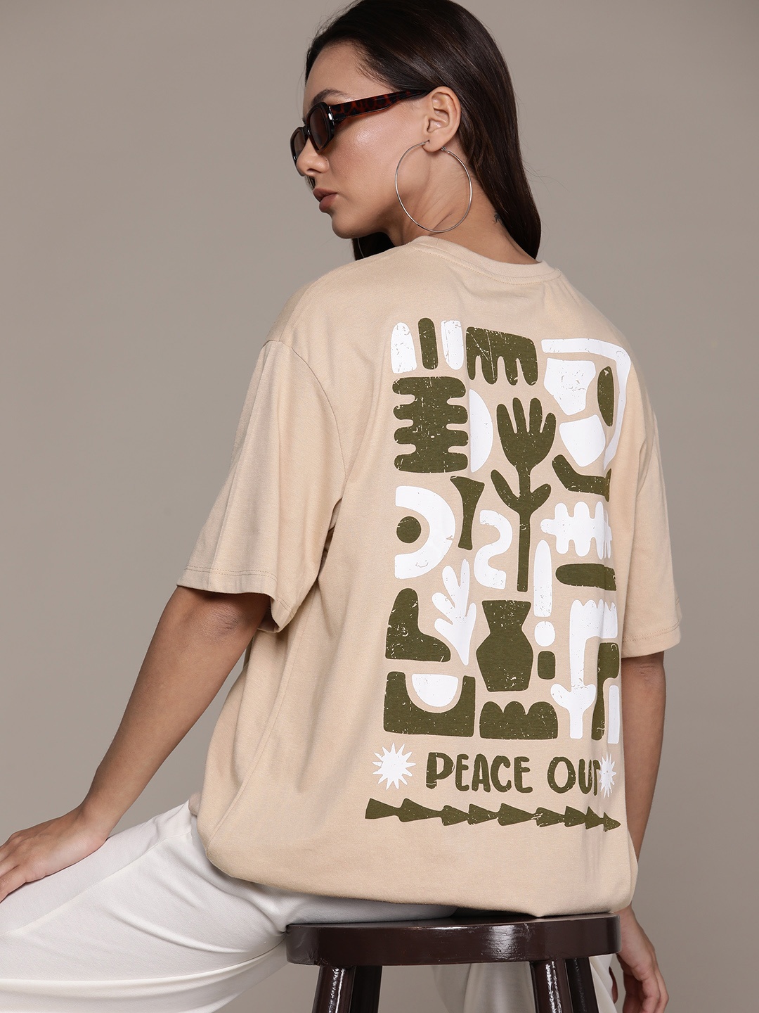 

The Roadster Lifestyle Co. Printed Oversized Longline T-shirt, Beige