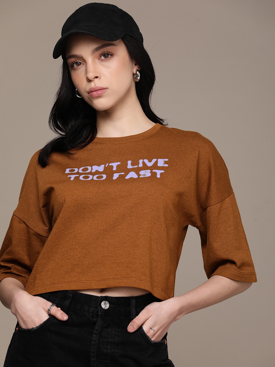 

The Roadster Life Co. Typography Printed Drop-Shoulder Sleeves Boxy Crop T-shirt, Brown