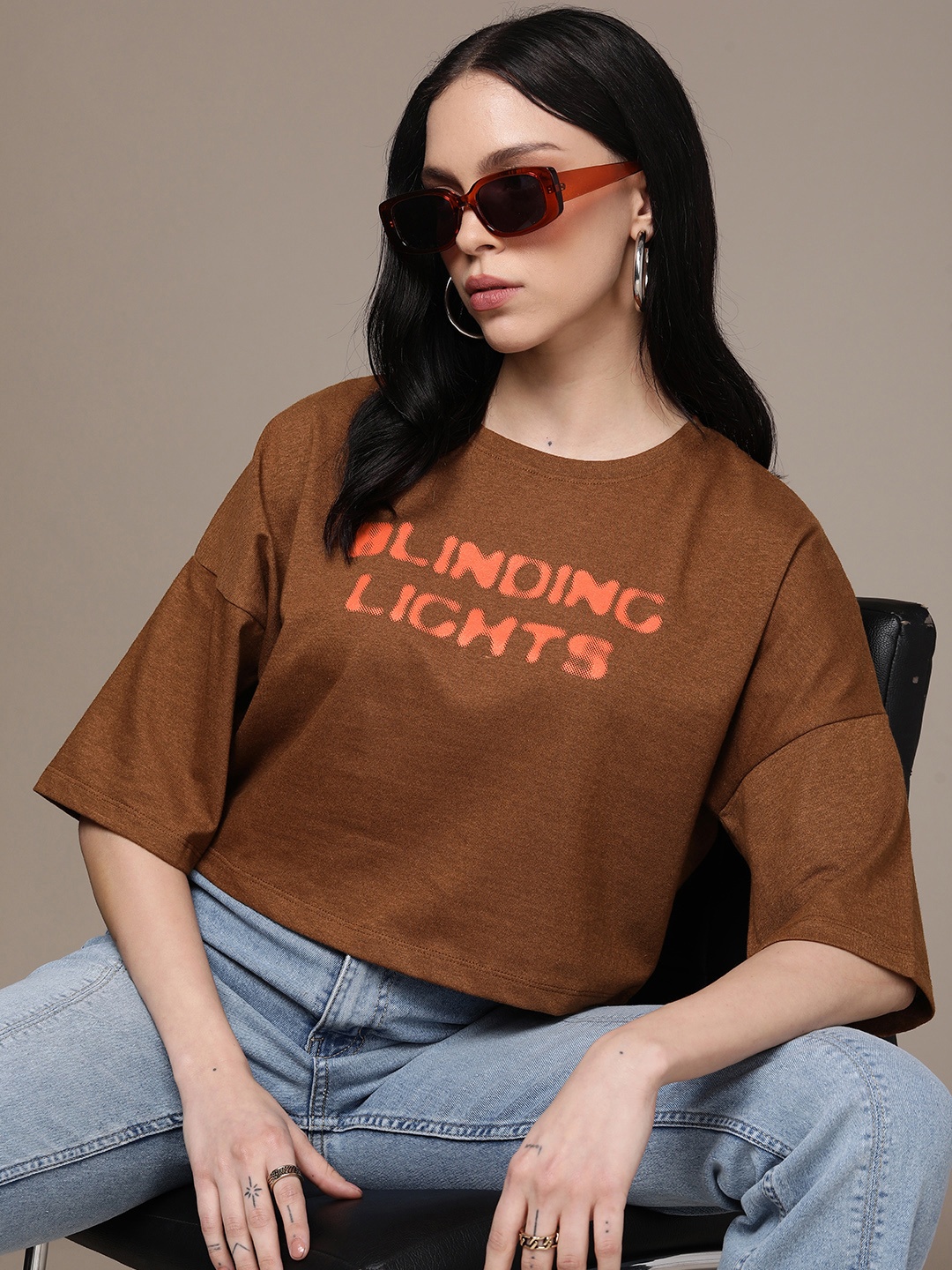 

The Roadster Life Co. Typography Printed Drop-Shoulder Sleeves Casual T-shirt, Brown