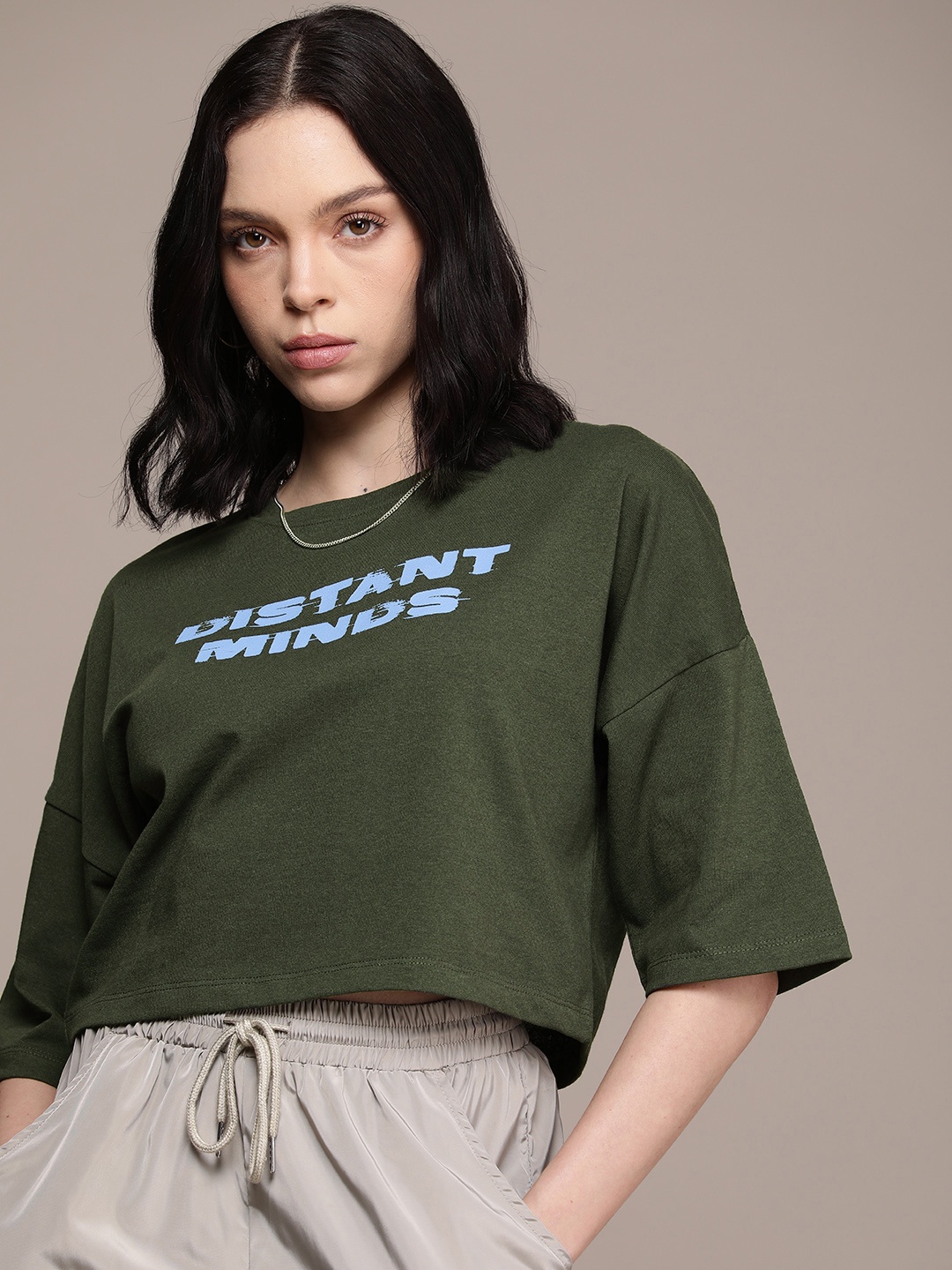 

The Roadster Lifestyle Co. Typography Printed Pure Cotton Boxy T-shirt, Olive