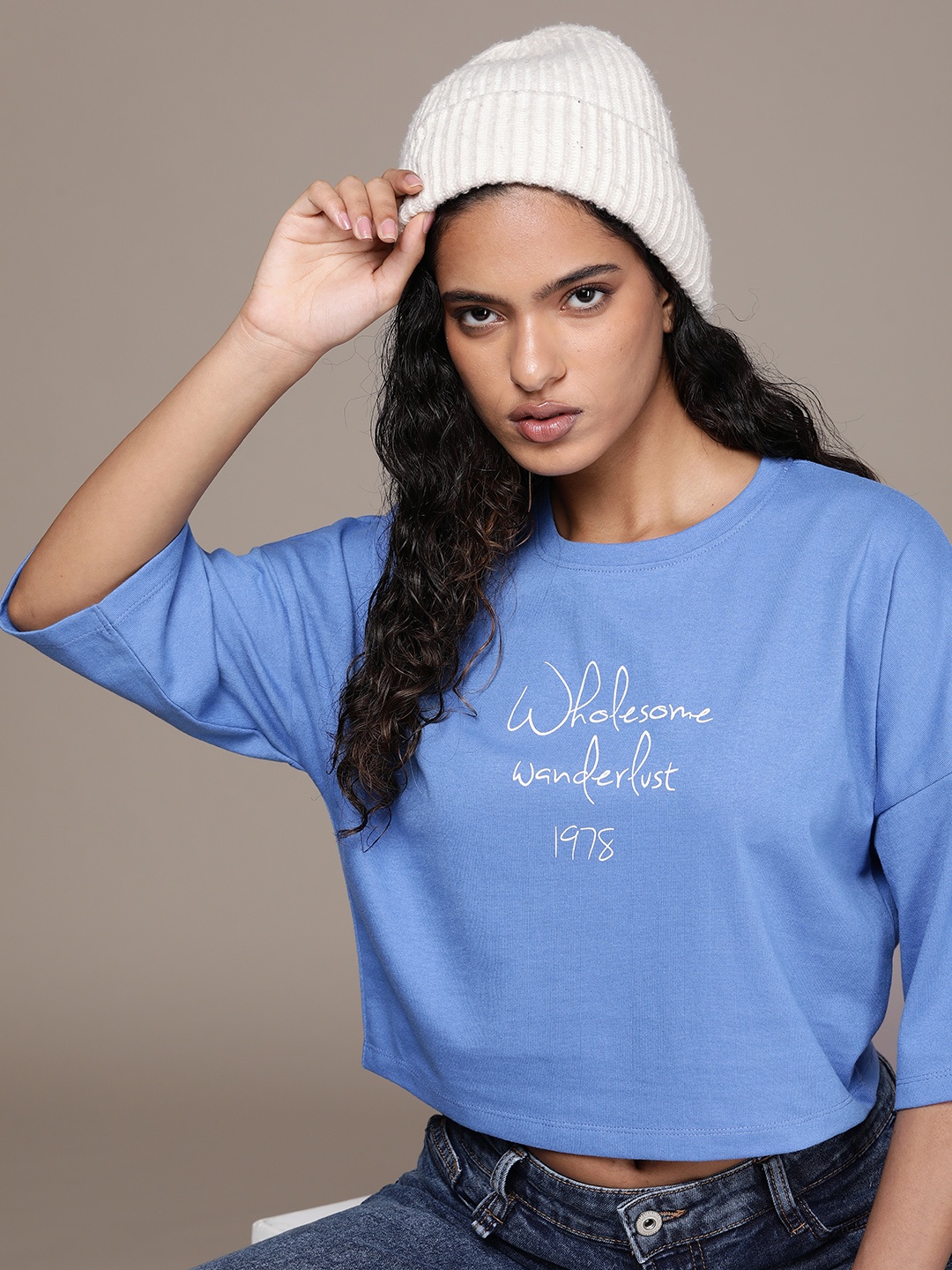 

The Roadster Lifestyle Co. Typography Printed Drop-Shoulder Sleeves T-shirt, Blue