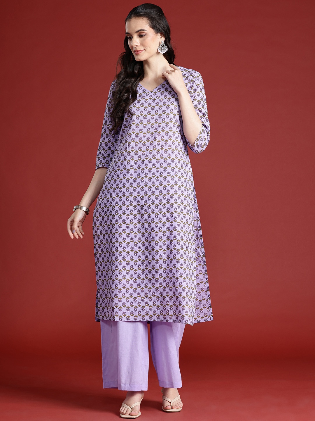 

Anouk Printed Straight Pure Cotton Kurta with Palazzos, Lavender