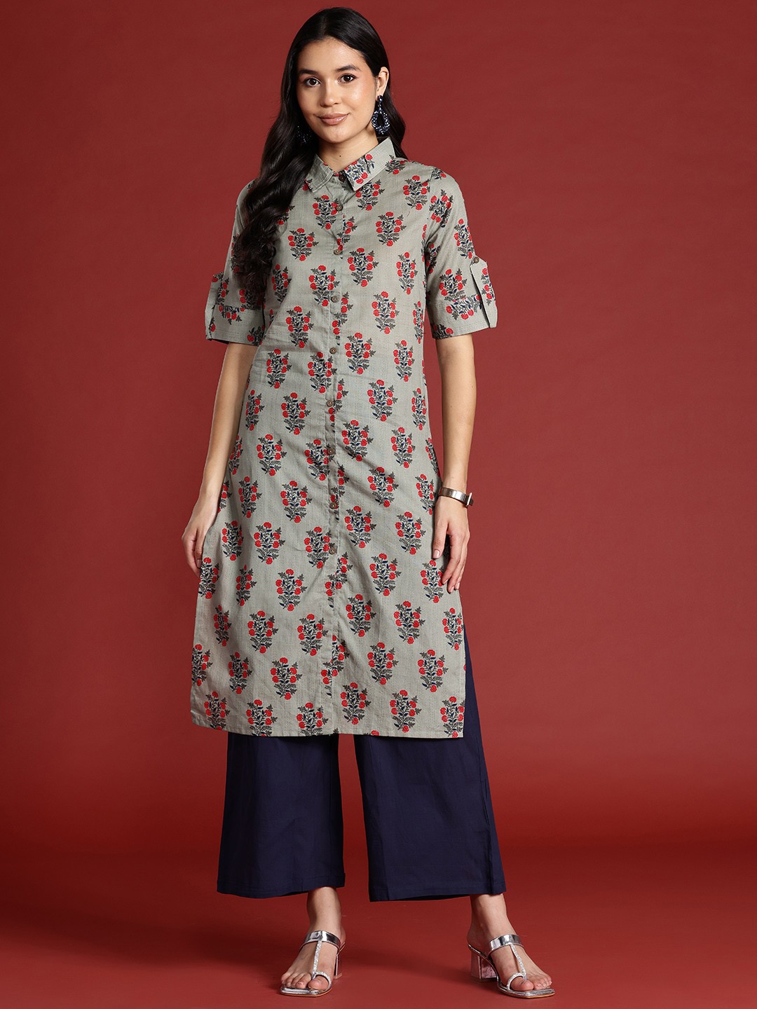 

Anouk Ethnic Motifs Printed Shirt Collar Pure Cotton Kurta, Grey