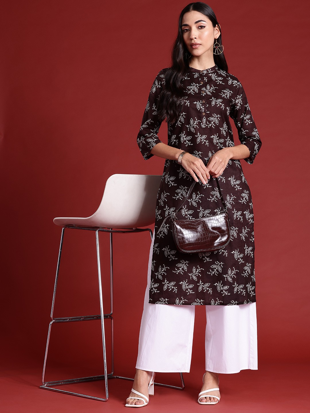 

Anouk Floral Printed Cotton Straight Kurta, Brown