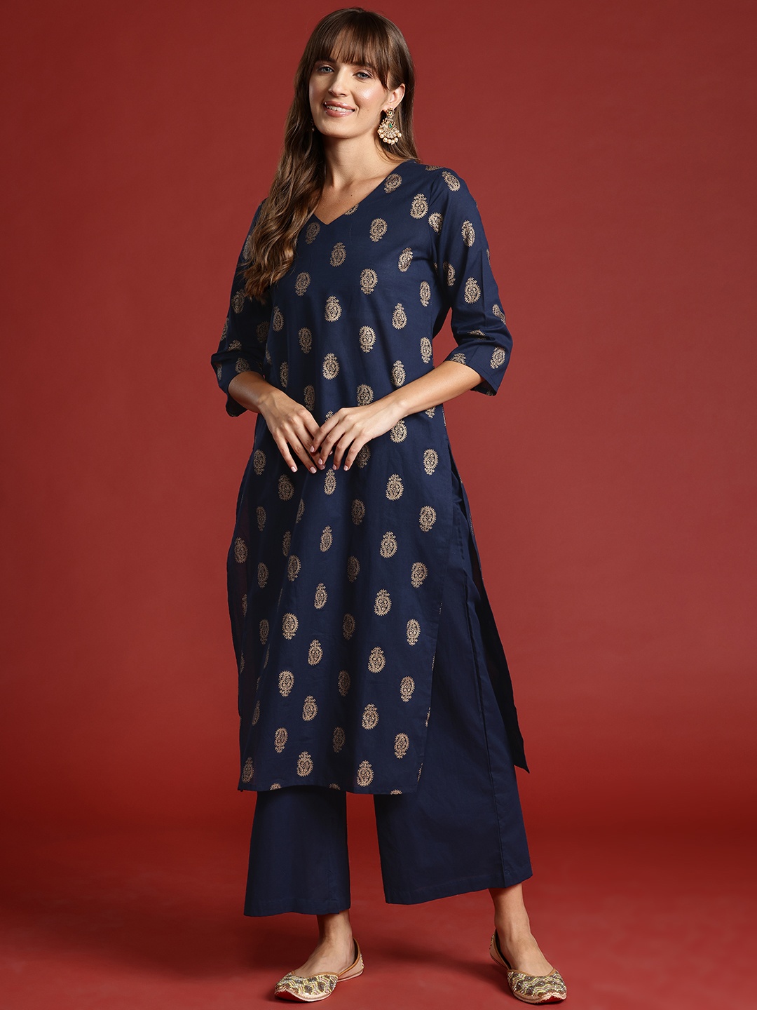 

Anouk Paisley Print Pure Cotton Kurta with Palazzos, Navy blue