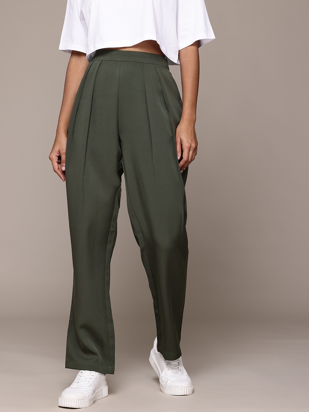 

The Roadster Lifestyle Co. Women Pleated Pull-Up Korean Pants, Olive