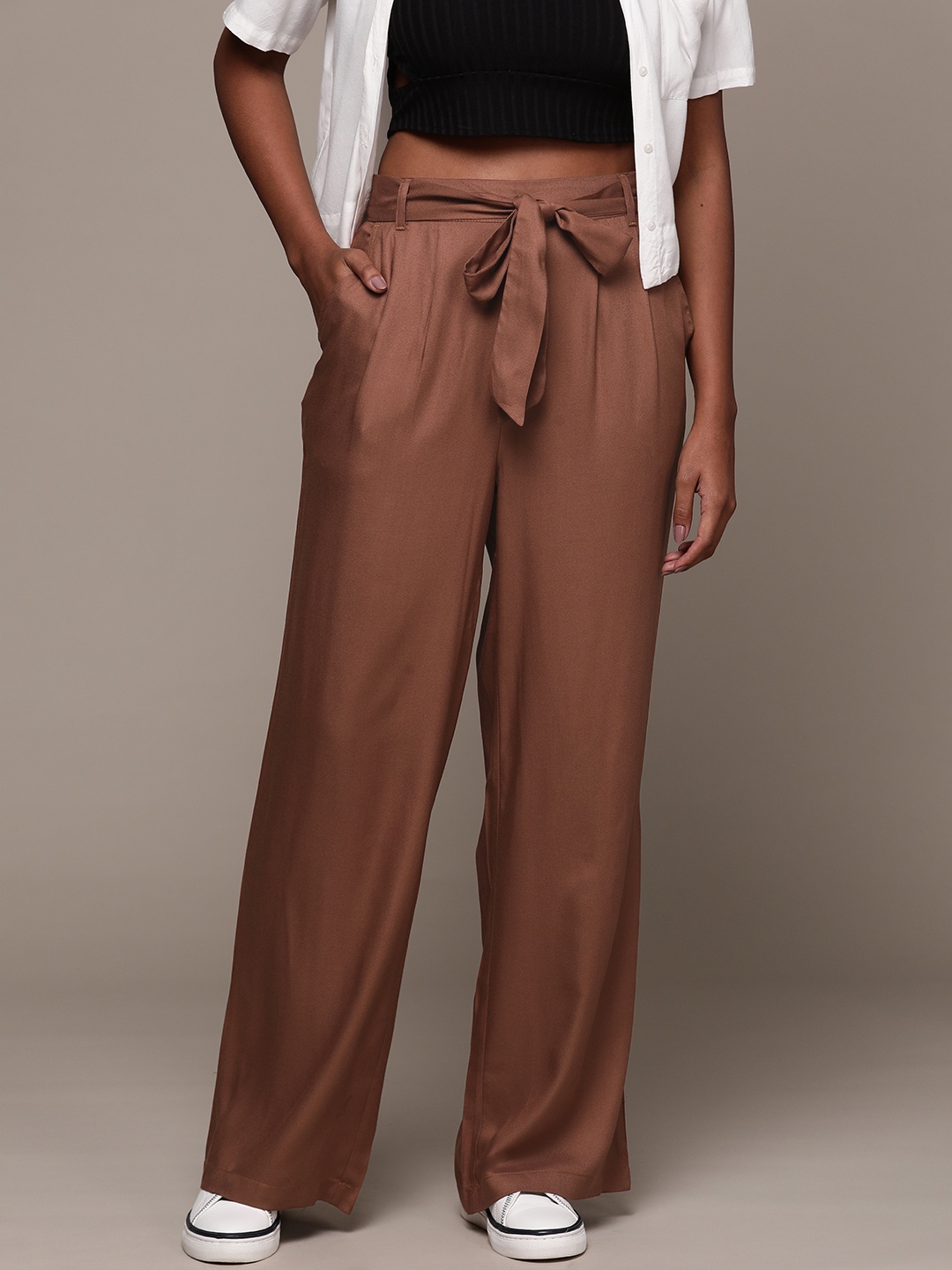 

Roadster The Lifestyle Co. Women High-Rise Super Wide Leg Korean Pants with Belt, Brown
