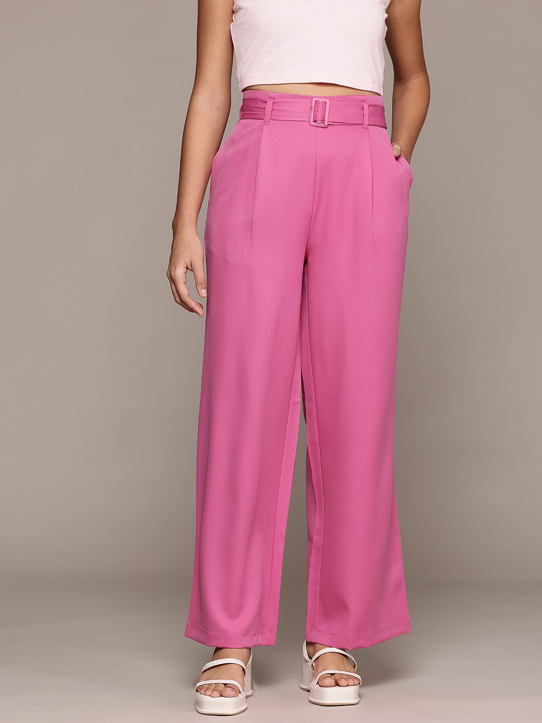 

The Roadster Lifestyle Co. Women Super Wide Leg Pleated Korean Pants with Belt, Pink