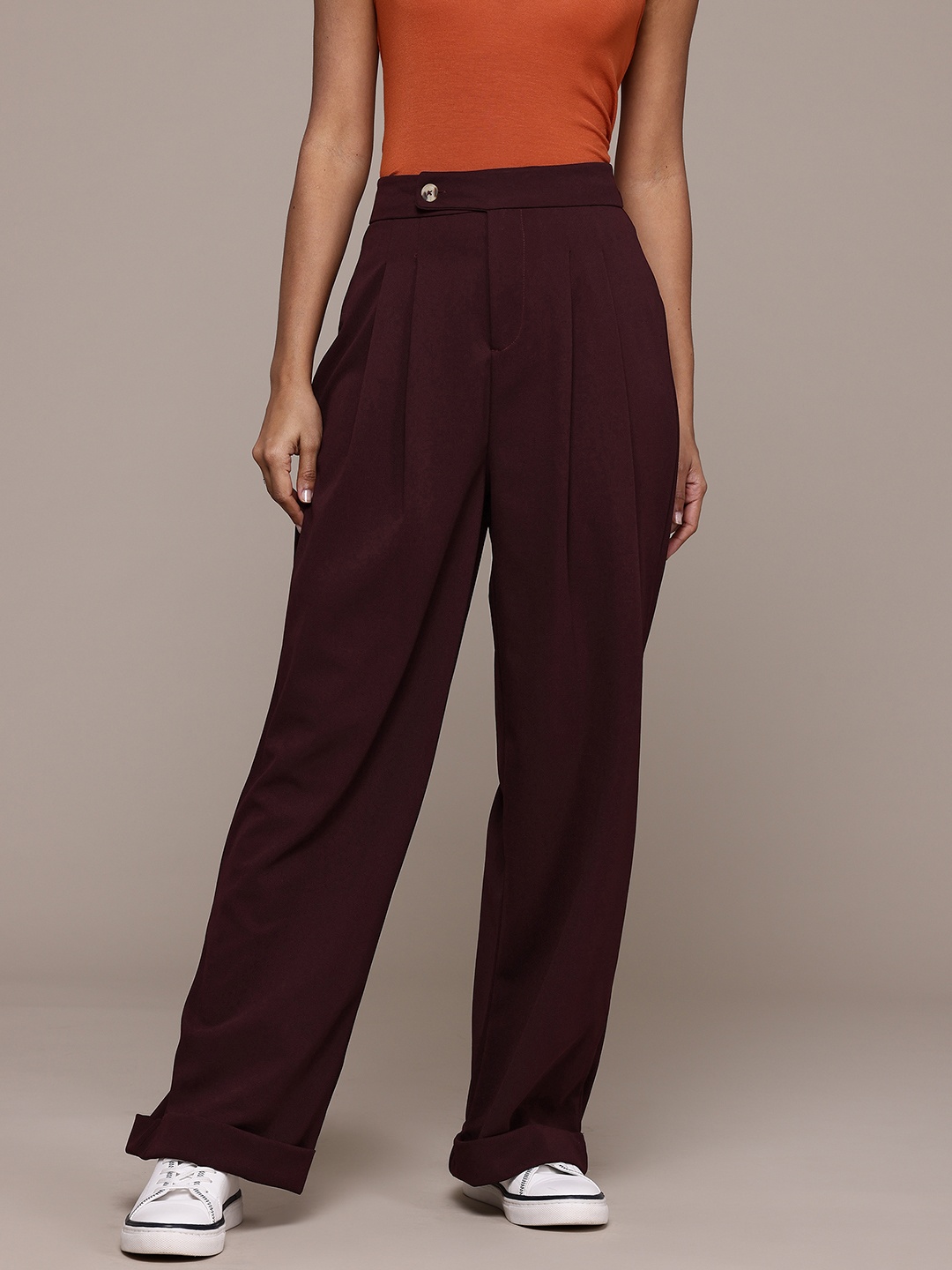 

The Roadster Lifestyle Co. Women Super Wide Leg Pleated Korean Pants, Burgundy