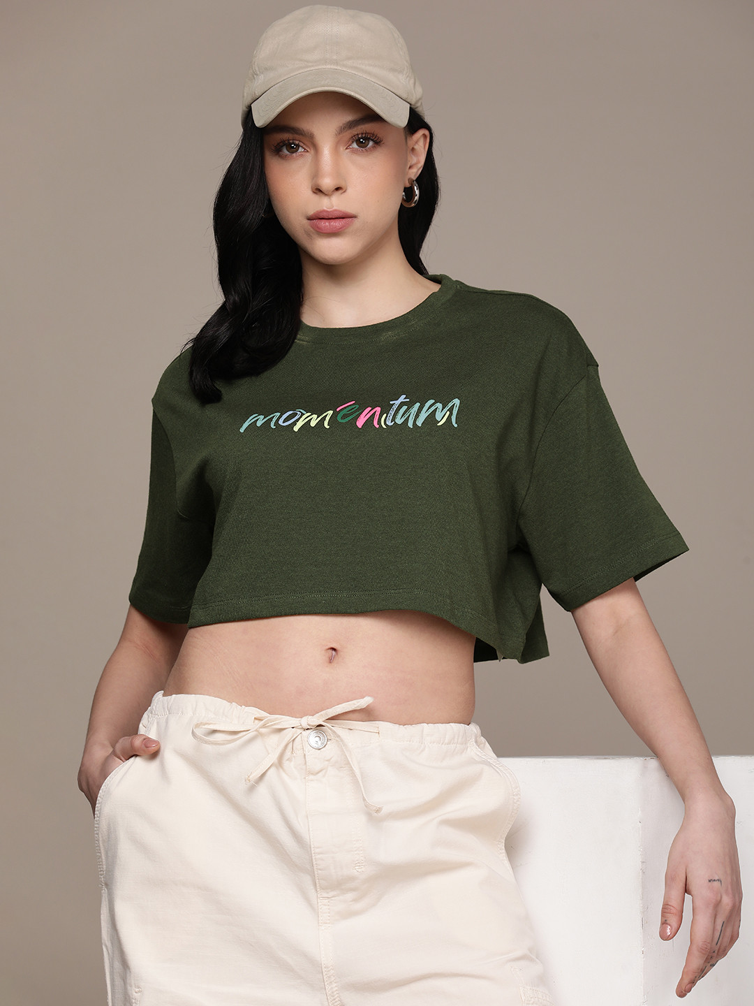 

The Roadster Lifestyle Co. Women Typography Printed Boxy Crop T-shirt, Olive