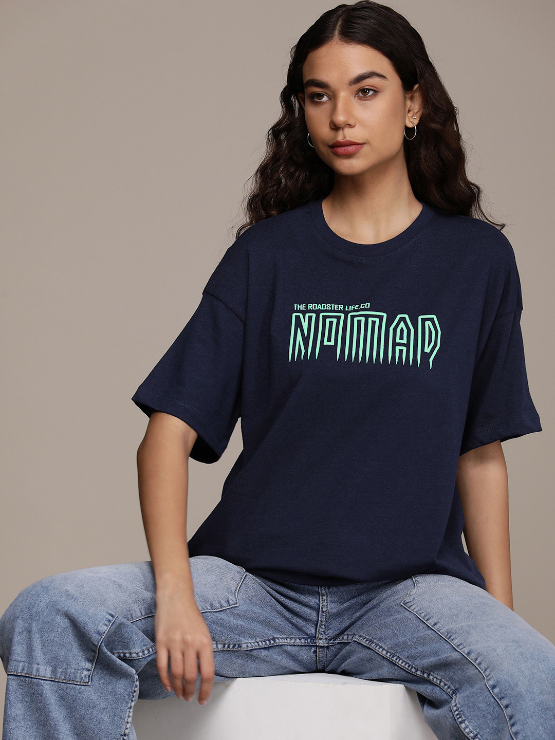 

The Roadster Life Co. Typography Printed Drop-Shoulder Sleeves T-shirt, Navy blue