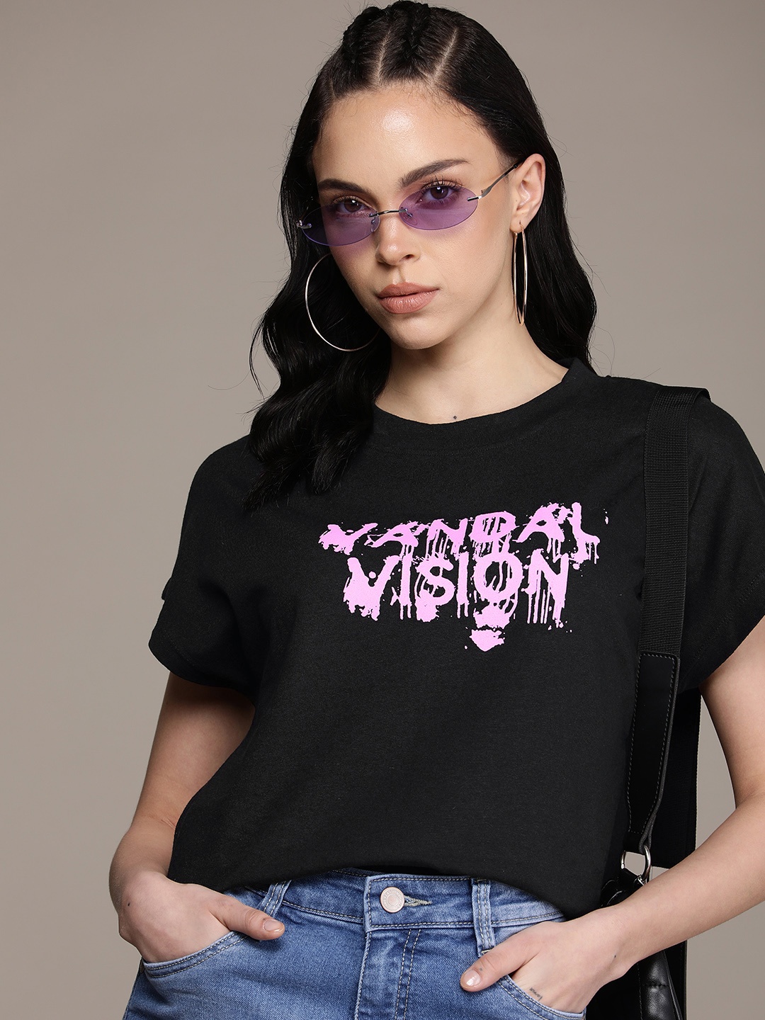

The Roadster Life Co. Typography Printed Extended Sleeves Boxy T-shirt, Black