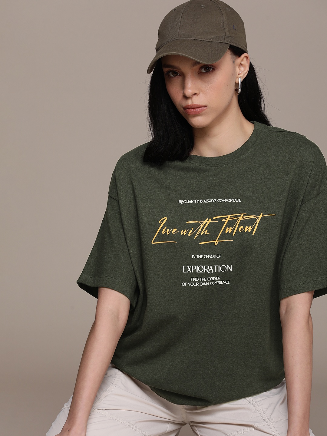 

The Roadster Life Co. Typography Printed Drop-Shoulder Sleeves T-shirt, Olive