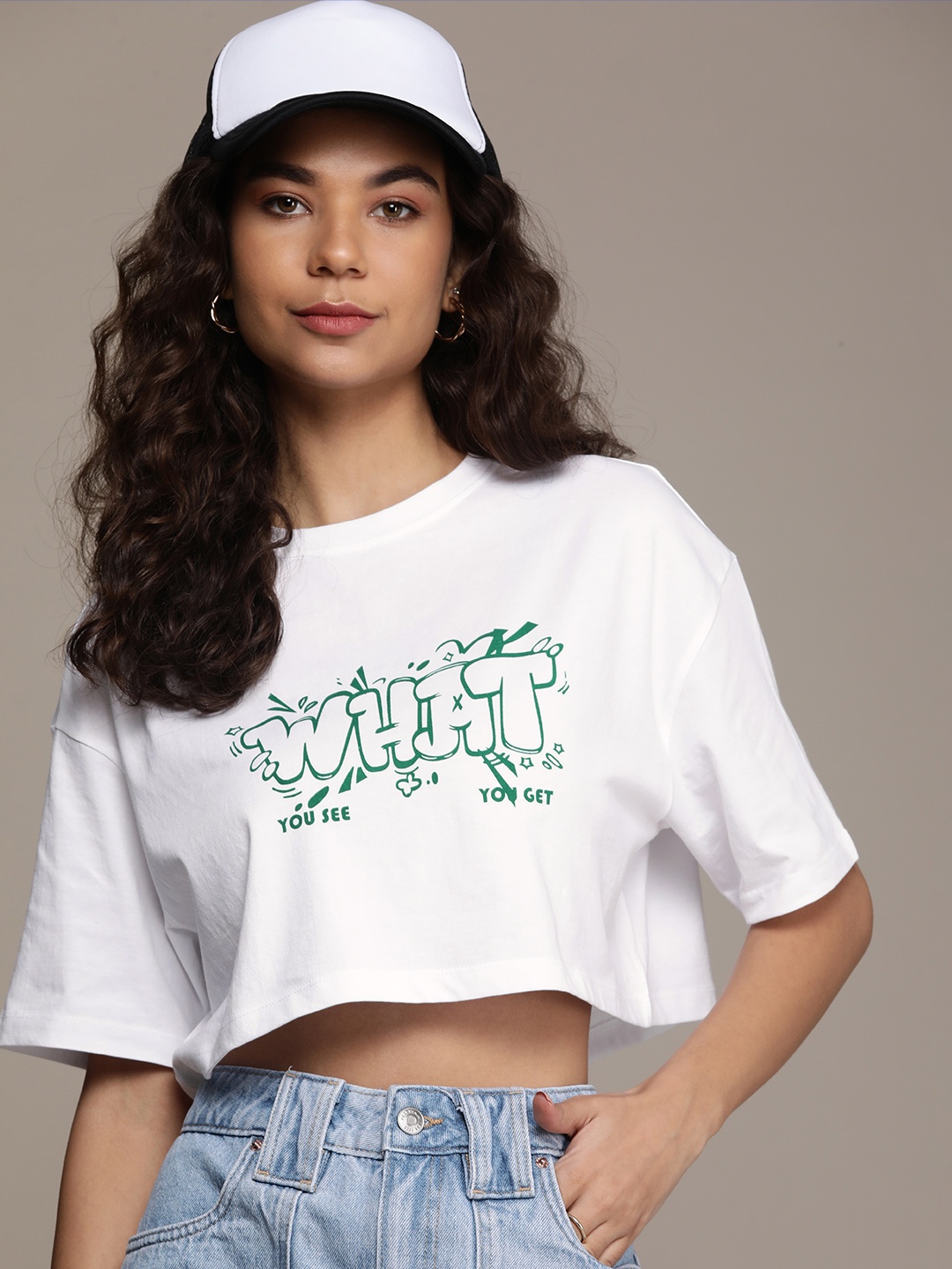 

The Roadster Life Co. Pure Cotton Printed Drop-Shoulder Sleeves Crop T-shirt, White