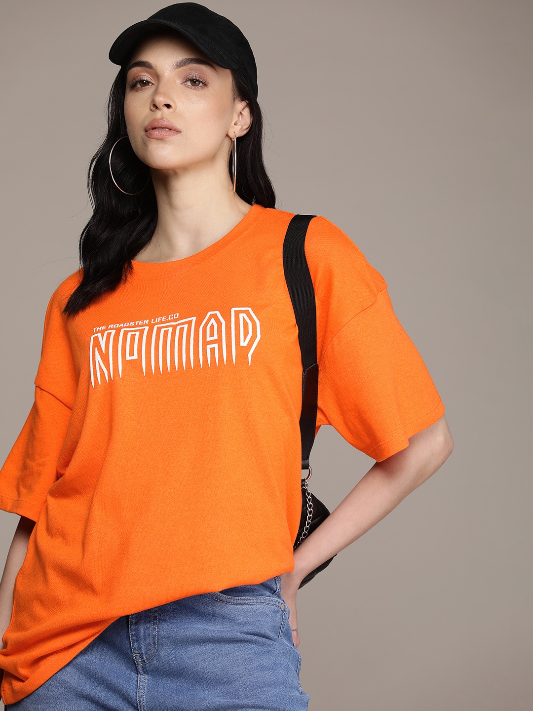 

The Roadster Life Co. Typography Printed Drop-Shoulder Sleeves Boxy T-shirt, Orange