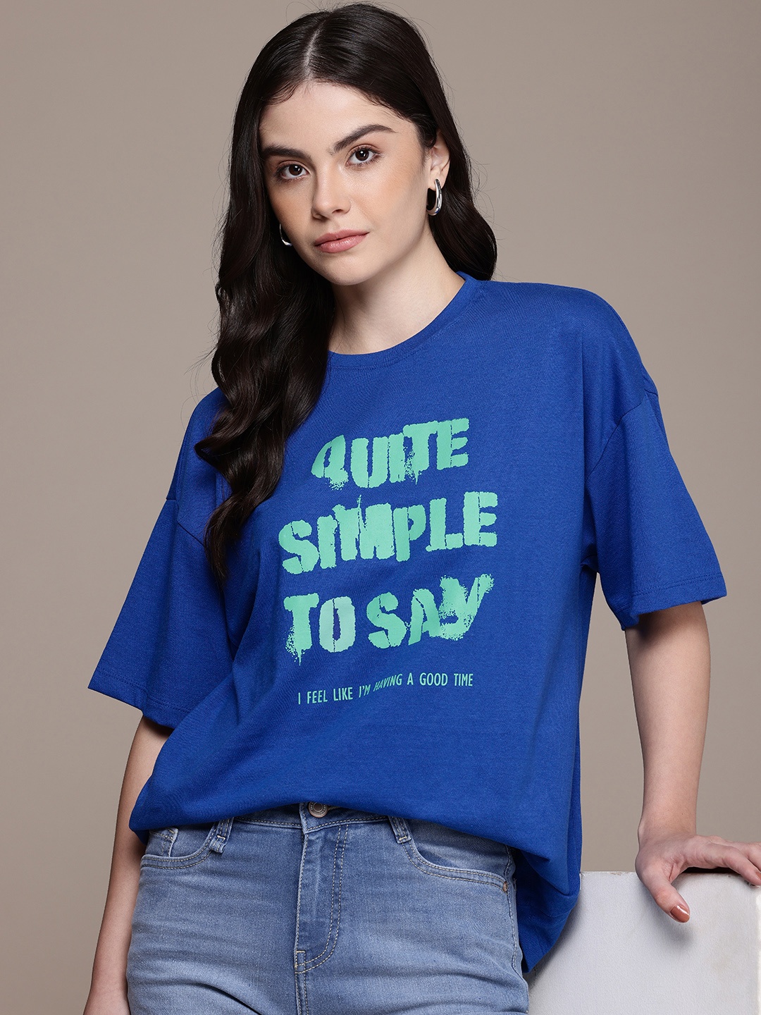 

The Roadster Life Co. Typography Printed Drop-Shoulder Sleeves Boxy T-shirt, Blue