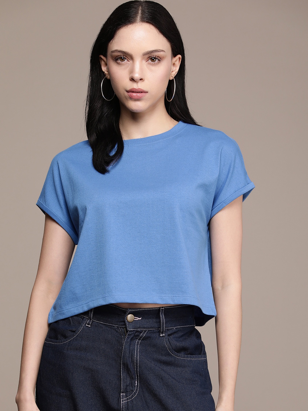 

The Roadster Life Co. Solid Drop-Shoulder Sleeves Boxy Crop T-shirt, Blue