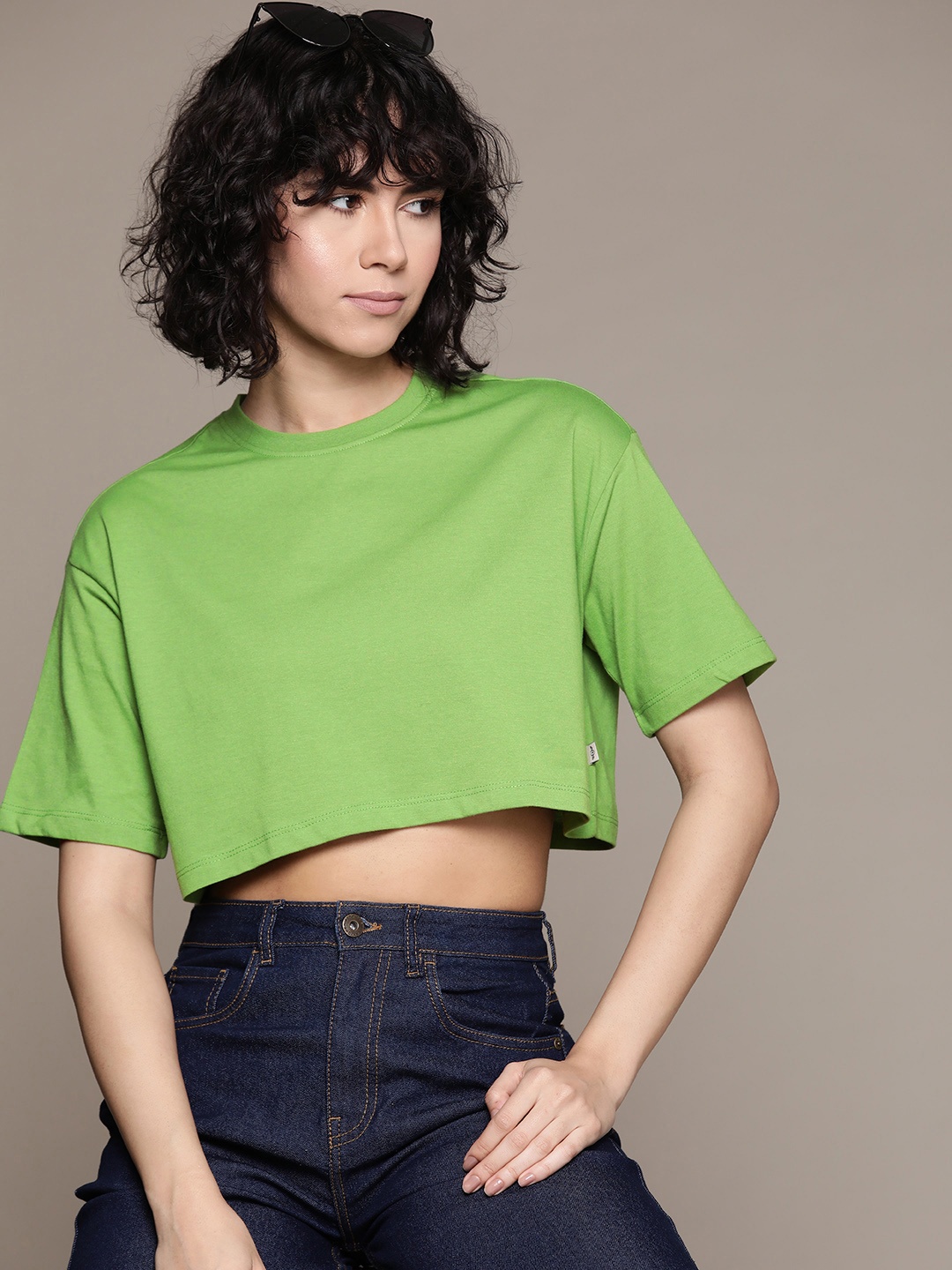 

The Roadster Lifestyle Co. Drop-Shoulder Sleeves Cropped Boxy T-shirt, Green