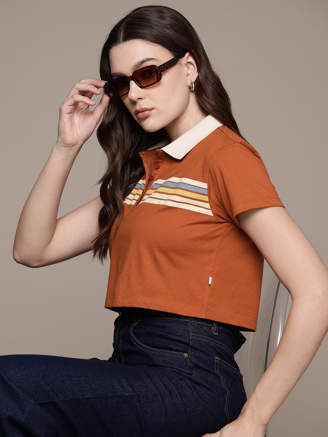

The Roadster Lifestyle Co. Striped Polo Collar Boxy T-shirt, Rust