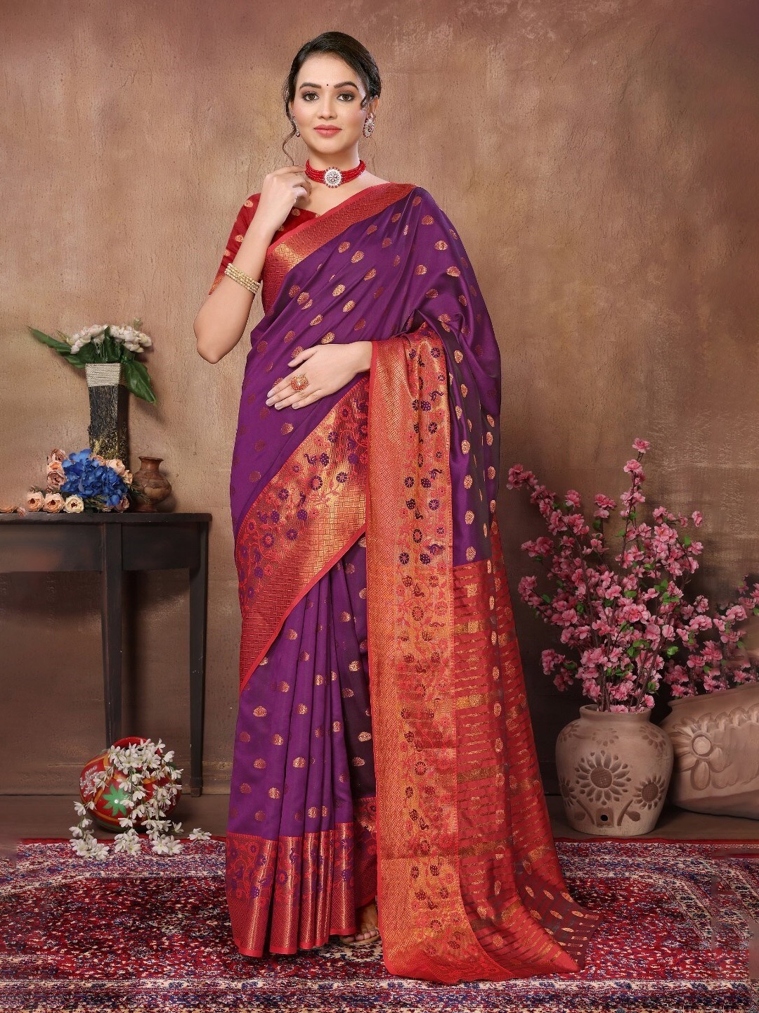 

Pisara Ethnic Motifs Woven Design Zari Silk Cotton Chanderi Saree, Purple