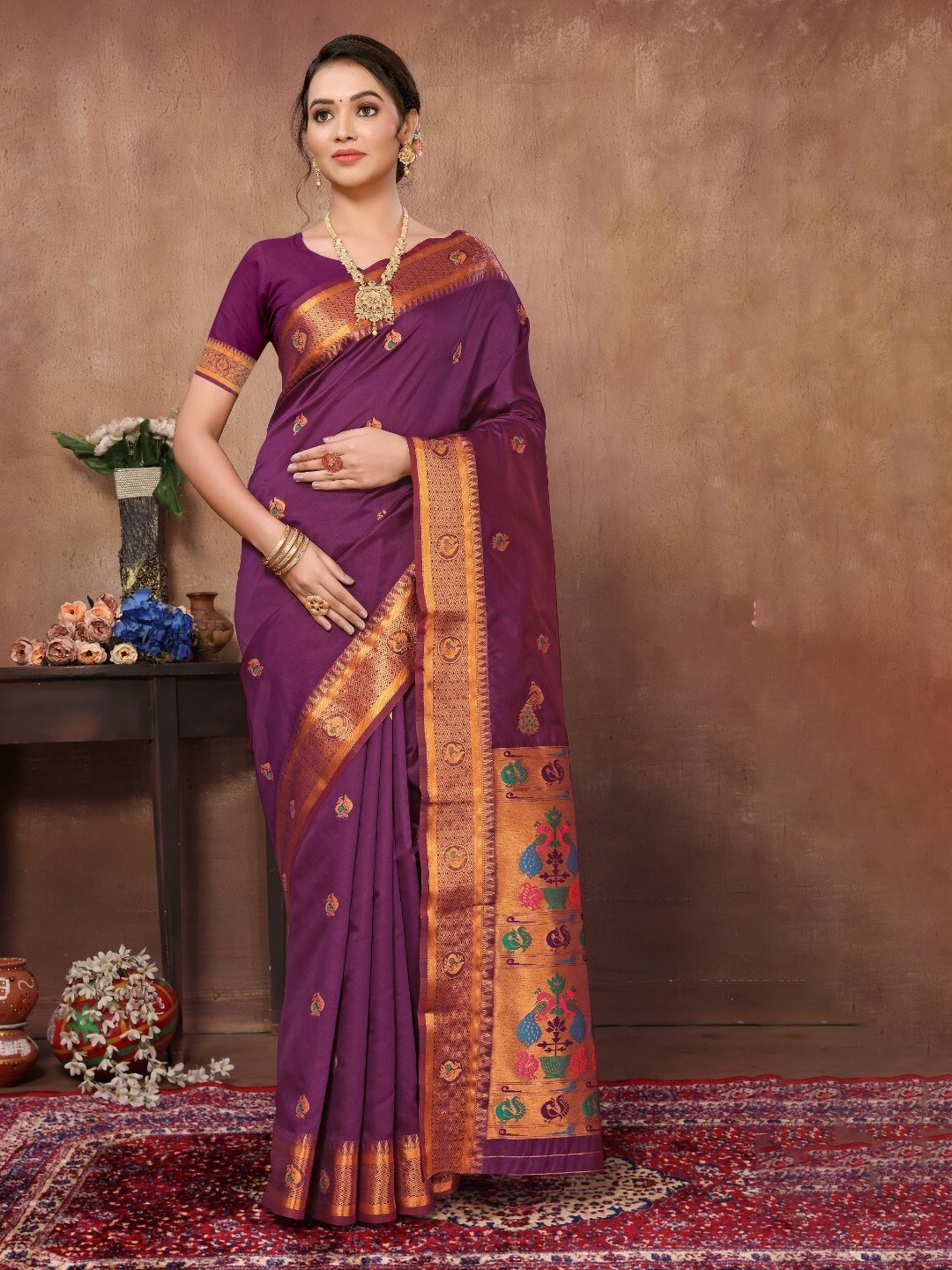 

Pisara Ethnic Motifs Woven Design Zari Silk Cotton Chanderi Saree, Magenta