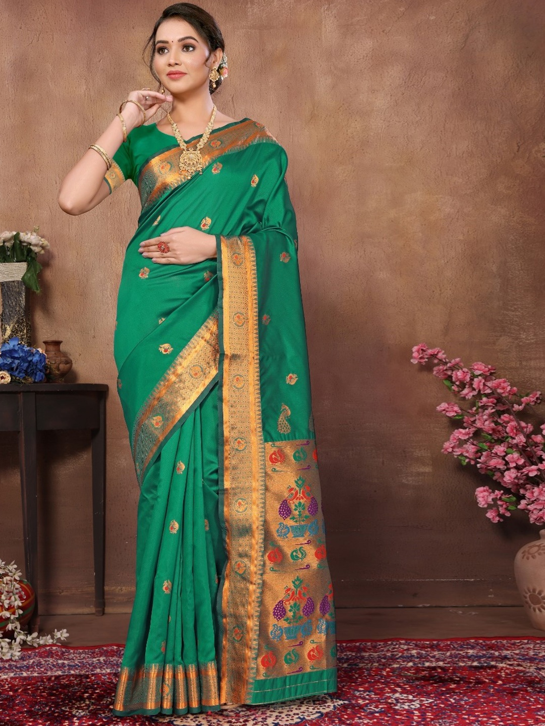 

Pisara Woven Design Zari Silk Cotton Chanderi Saree, Green