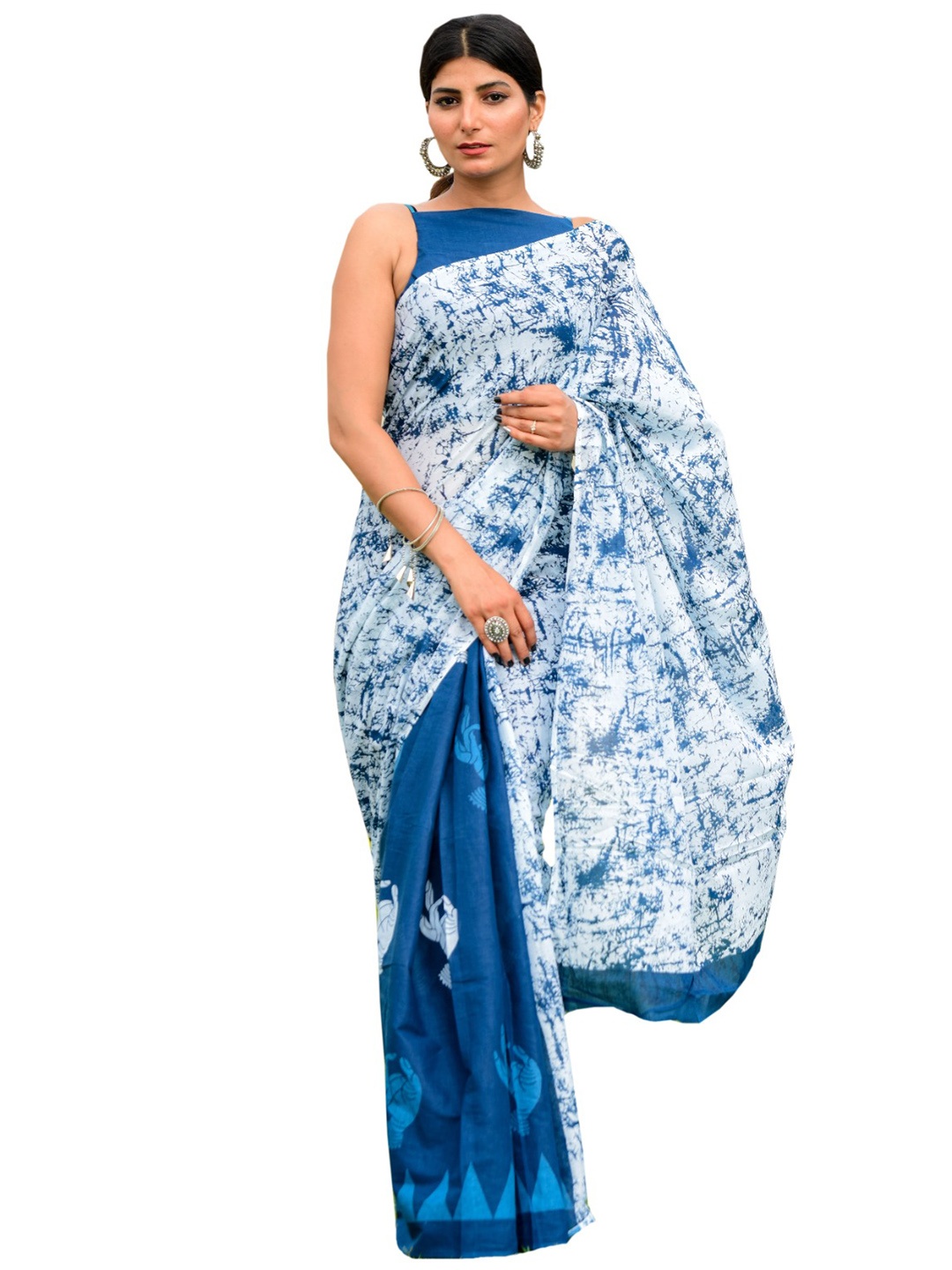 

clothonus Batik Printed Pure Cotton Block Print Saree, Blue