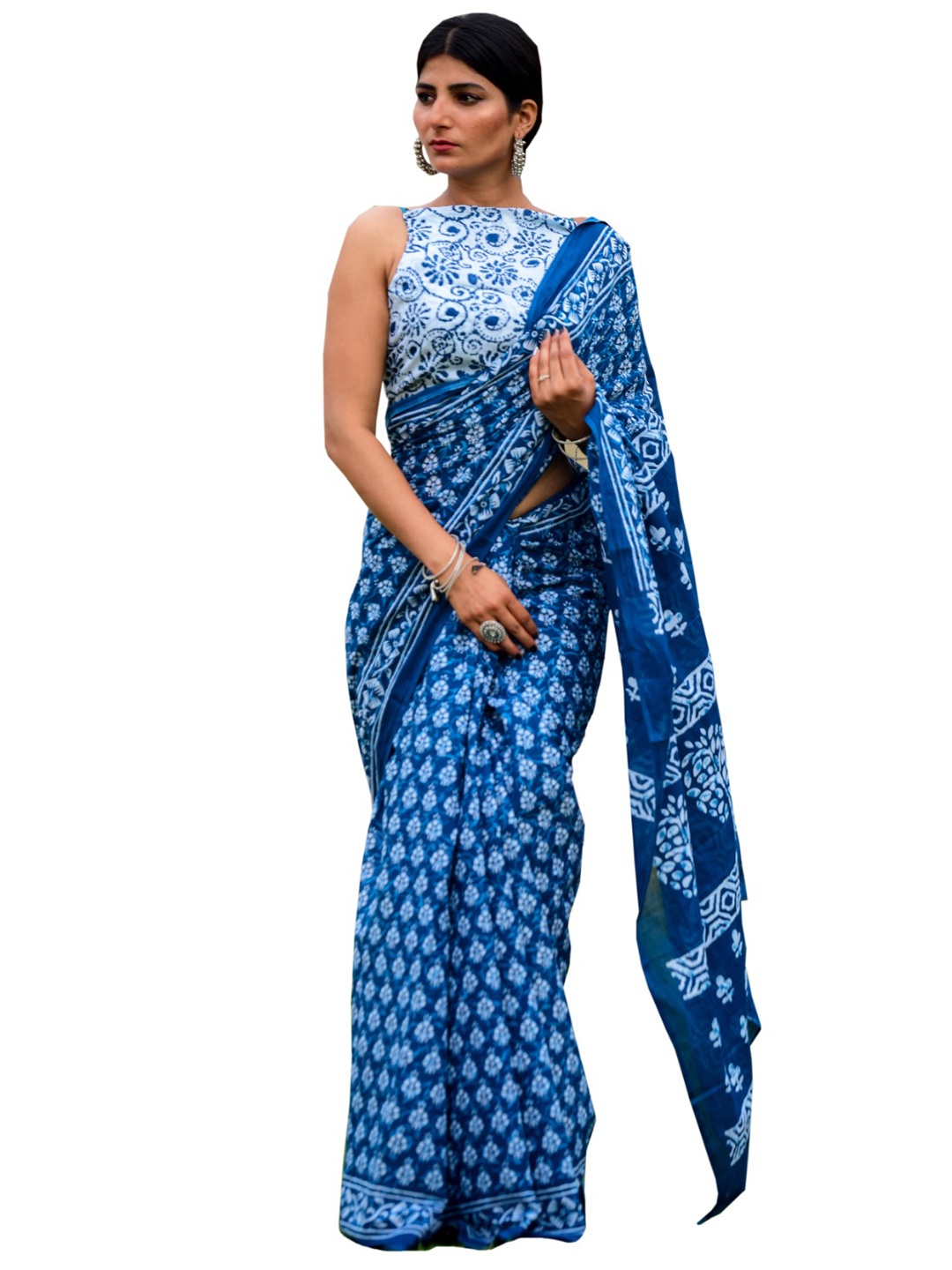 

clothonus Ethnic Motifs Printed Pure Cotton Block Print Saree, Blue