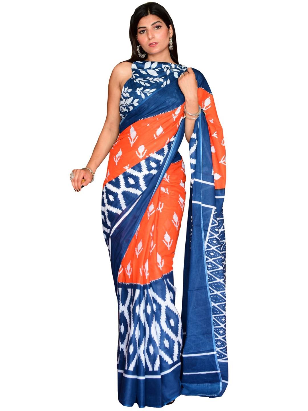 

clothonus Batik Printed Pure Cotton Block Print Saree, Orange