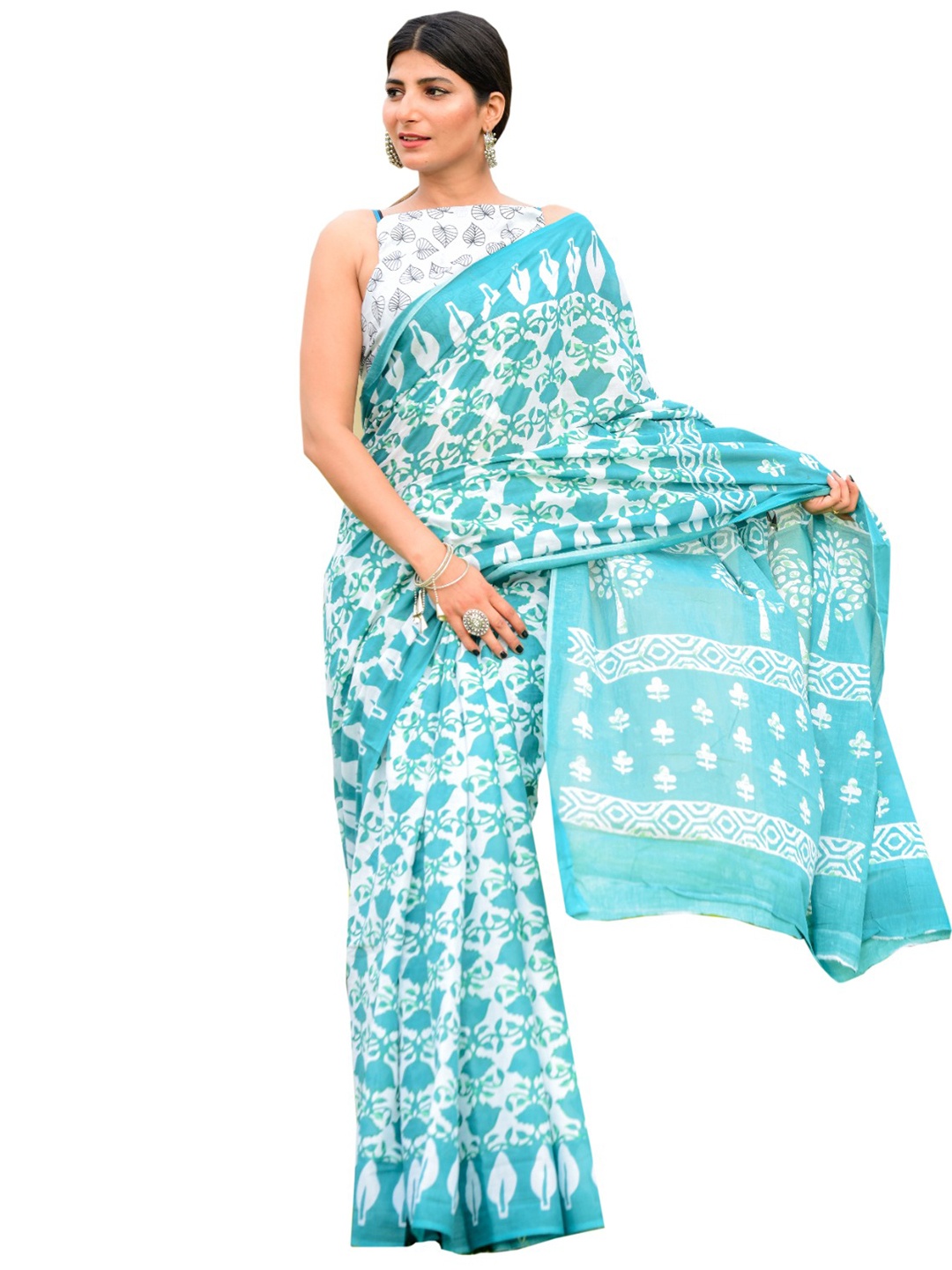 

clothonus Ethnic Motifs Printed Pure Cotton Block Print Saree, Turquoise blue