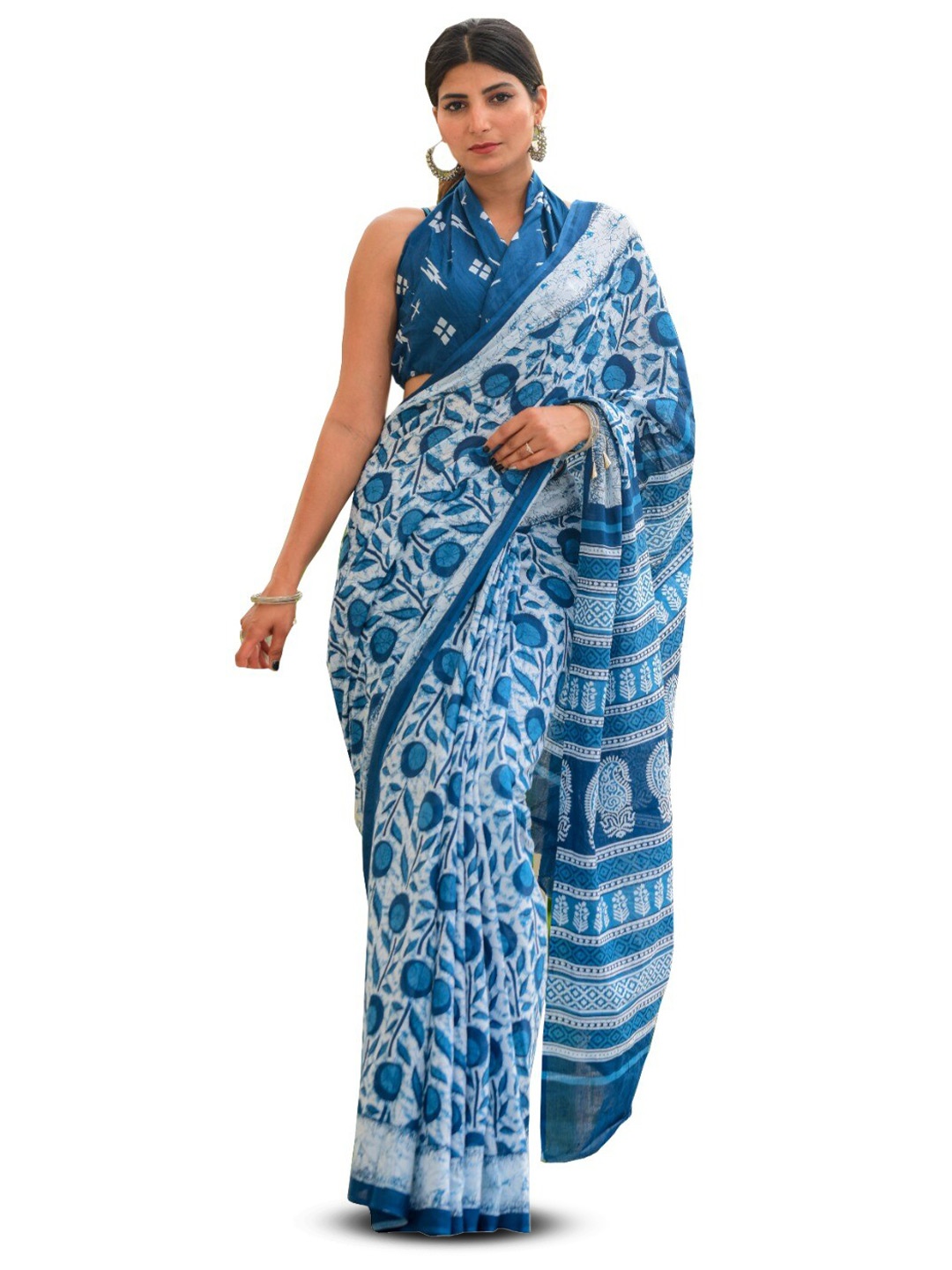 

clothonus Ethnic Motifs Pure Cotton Block Printed Saree, Blue