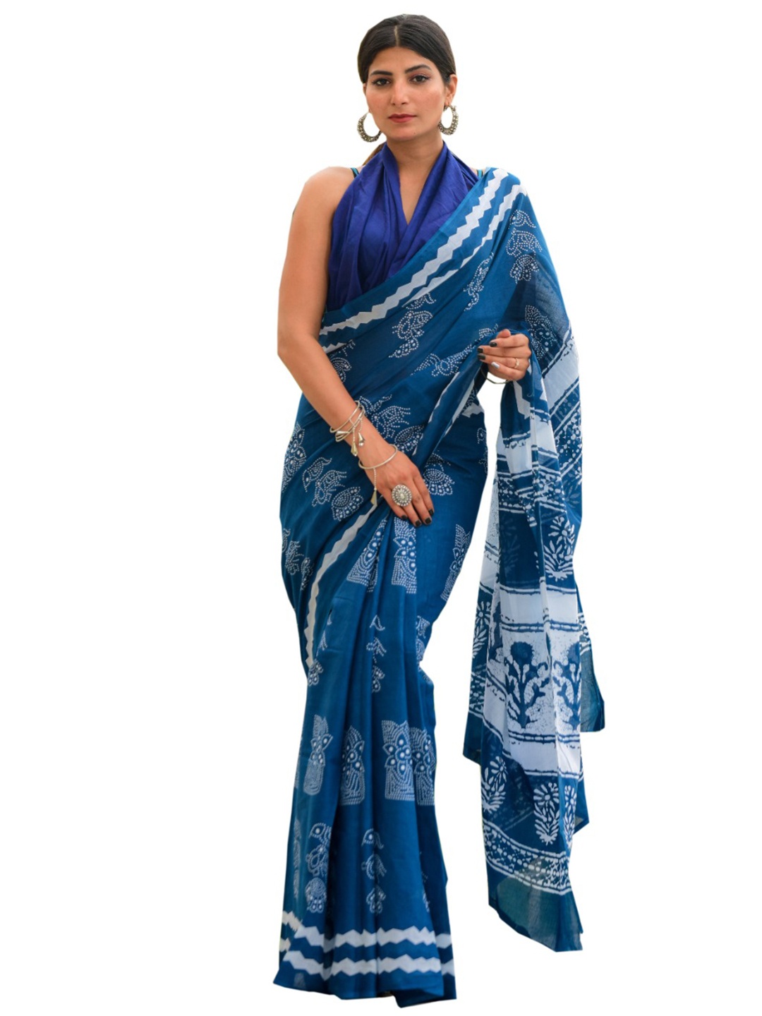 

clothonus Ethnic Motifs Printed Pure Cotton Block Print Saree, Blue