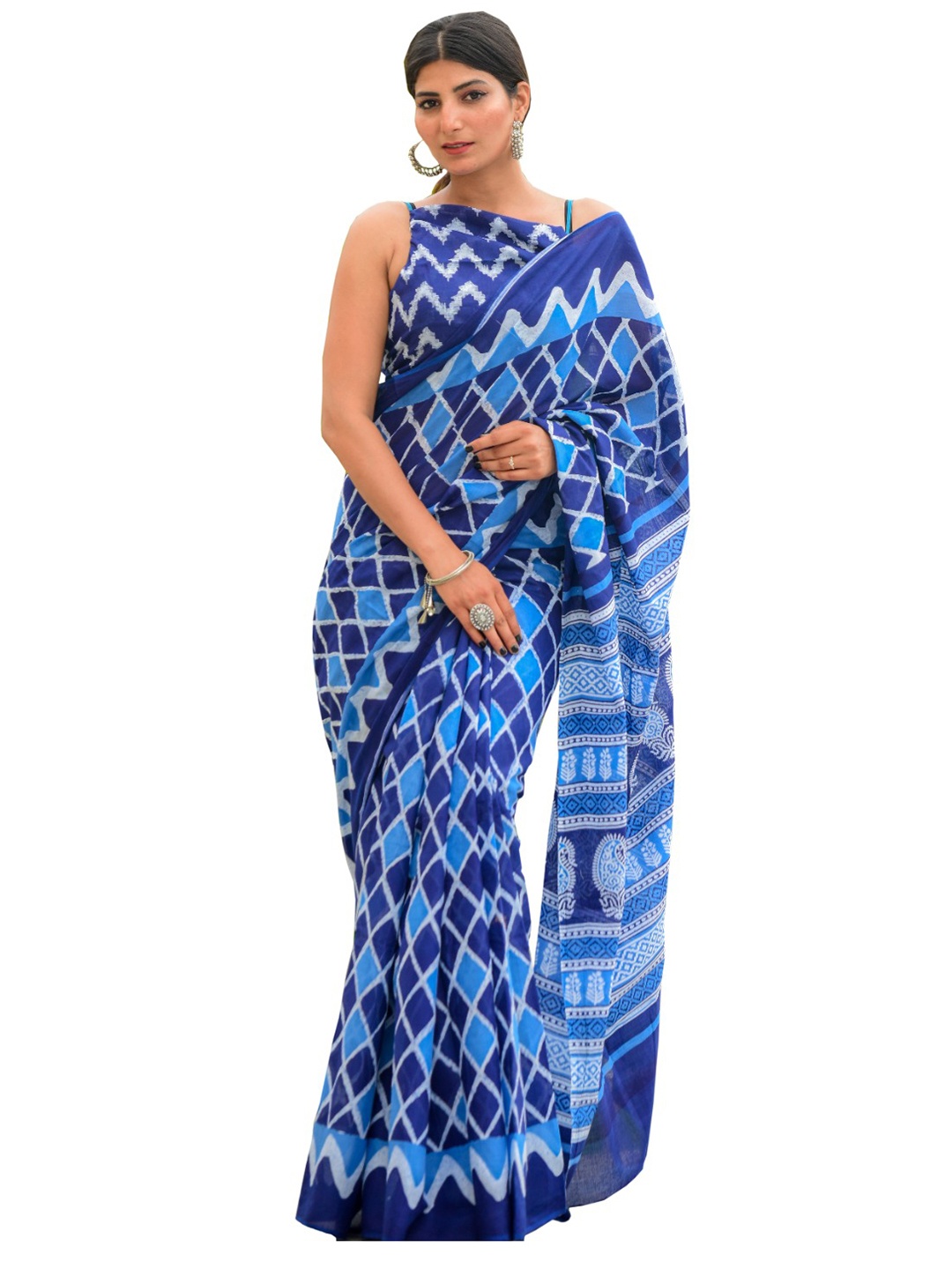 

clothonus Geometric Printed Pure Cotton Block Print Saree, Blue