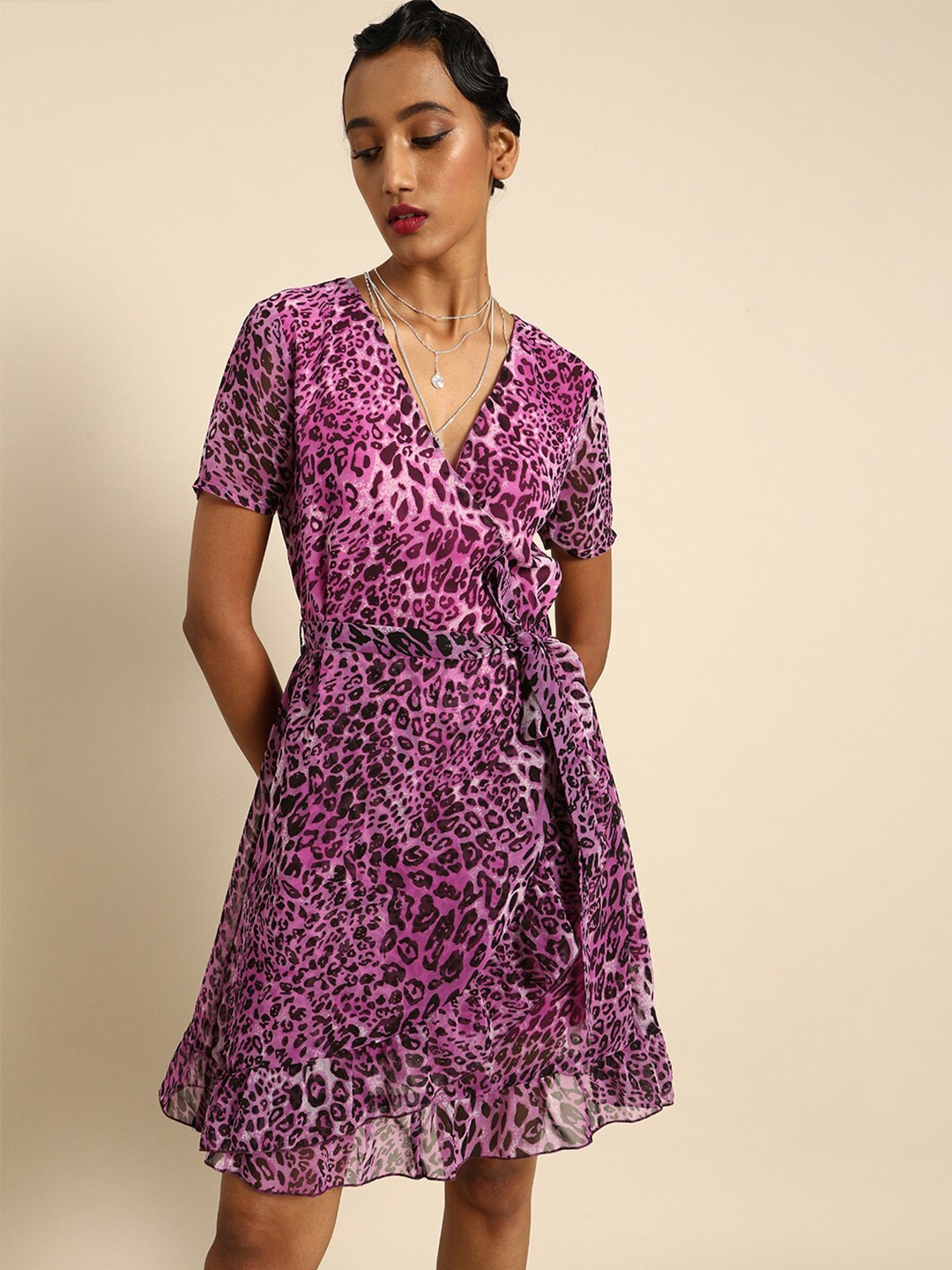 

DODO & MOA Animal Printed Flared Maxi Wrap Dress, Pink