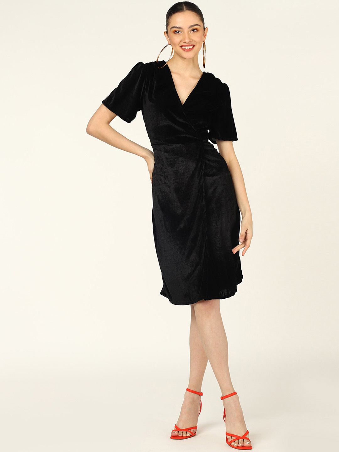 

DODO & MOA Opaque Knee Length Straight Wrap Dress, Black