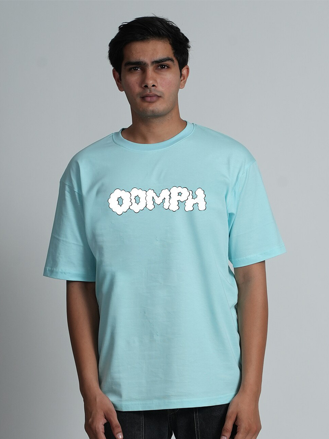 

Bloopers Store Typography Printed Drop-Shoulder Sleeves Oversized Pure Cotton T-shirt, Blue