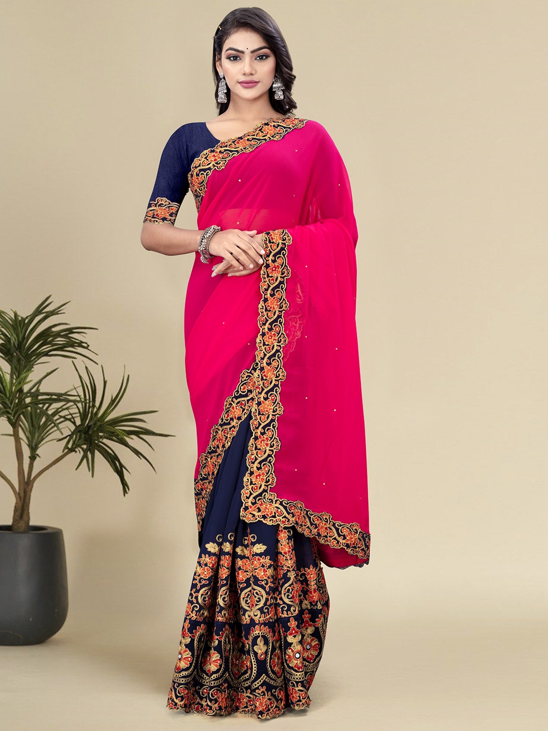

Celeb Styles Pink & Navy Blue Floral Embroidered Pure Georgette Half and Half Saree