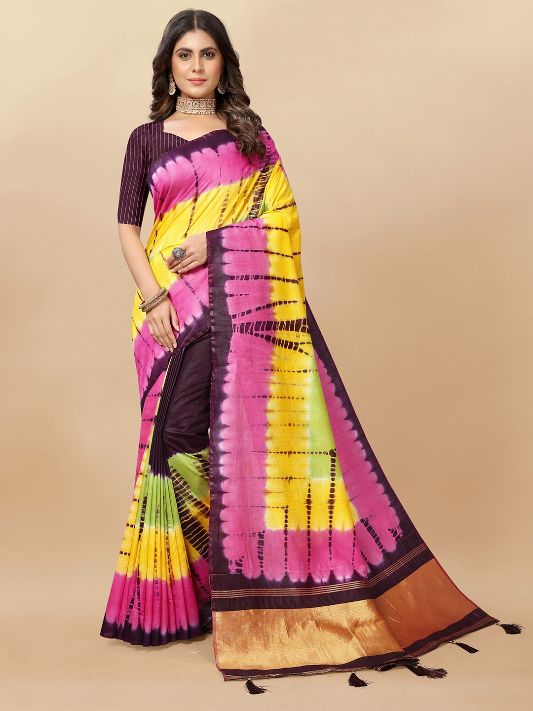 

Jinal & Jinal Tie and Dye Chanderi Saree, Pink