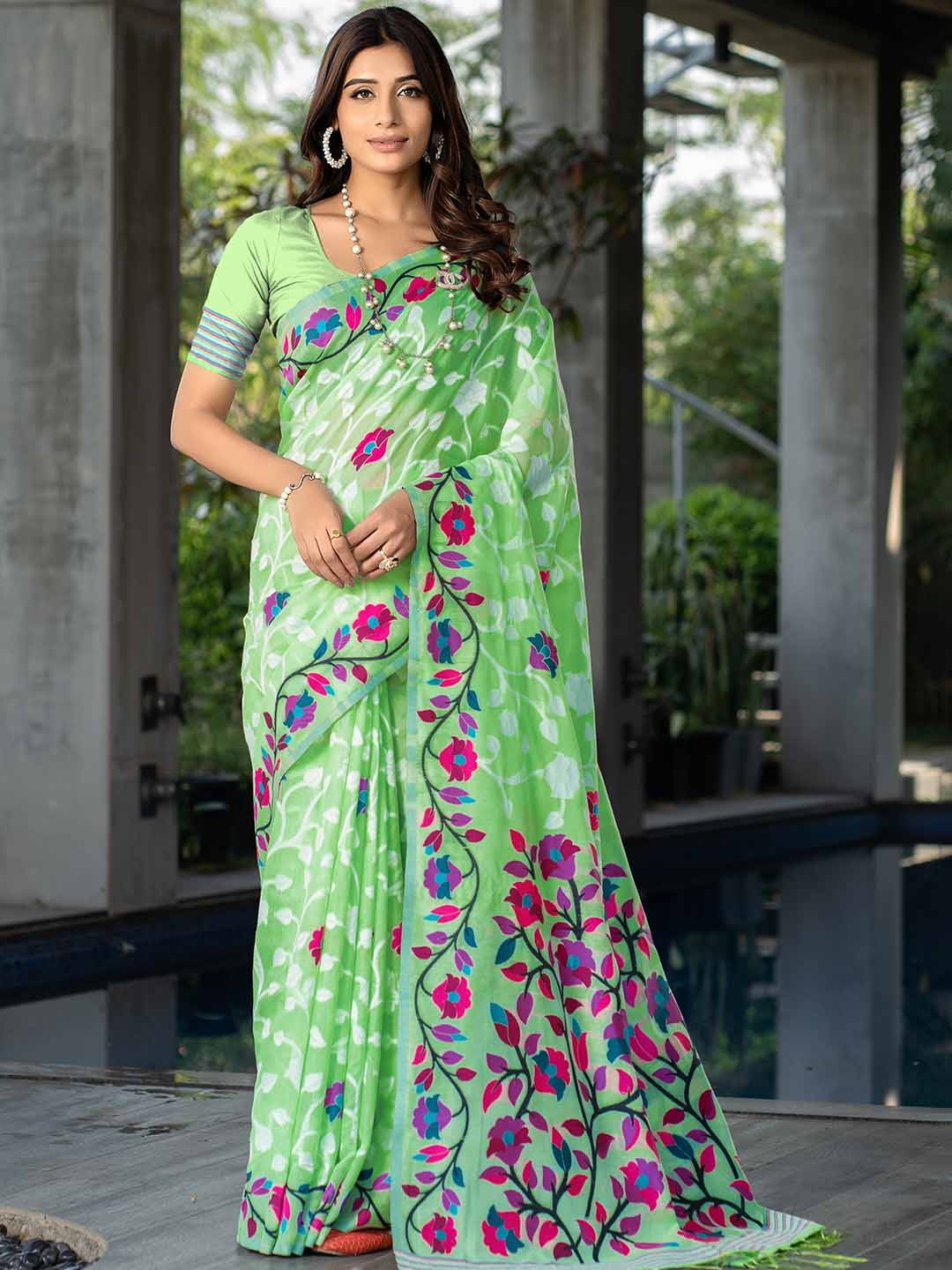 

Jinal & Jinal Floral Woven Design Saree, Green