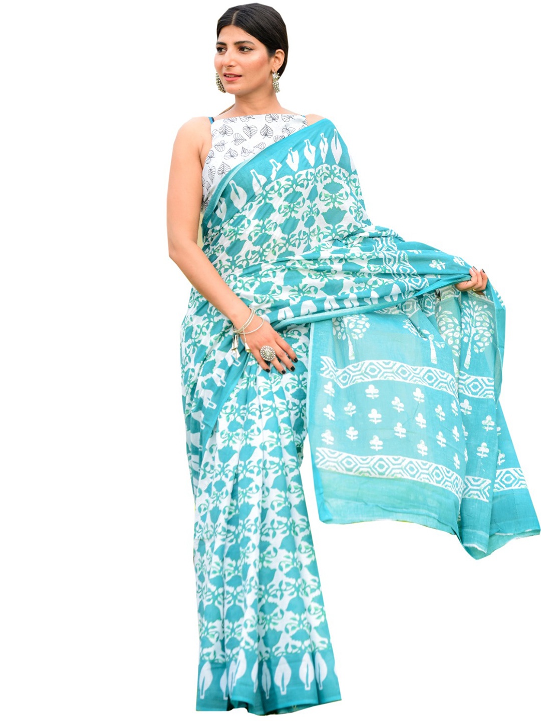 

KIAARON Ethnic Motifs Pure Cotton Block Print Saree, Turquoise blue