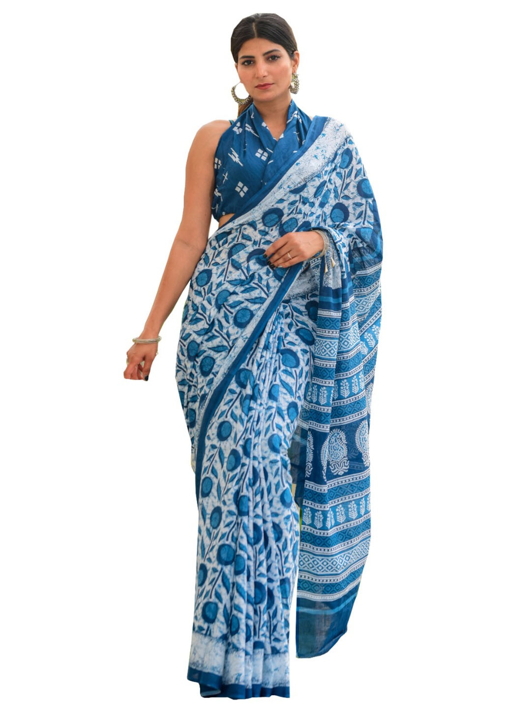 

KIAARON Floral Pure Cotton Block Print Saree, Blue