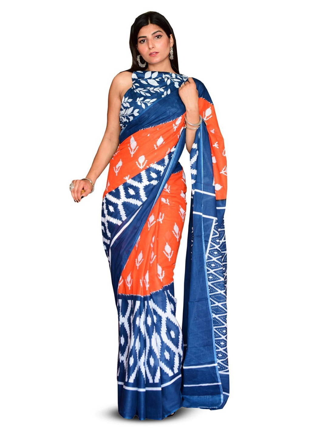 

KIAARON Geometric Pure Cotton Block Print Saree, Orange