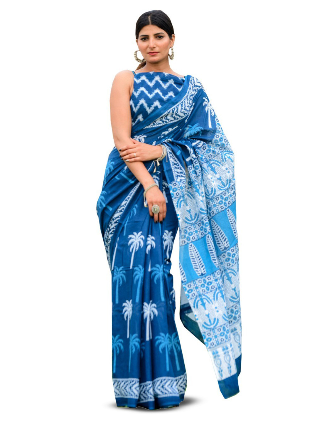 

KIAARON Floral Pure Cotton Block Print Saree, Blue