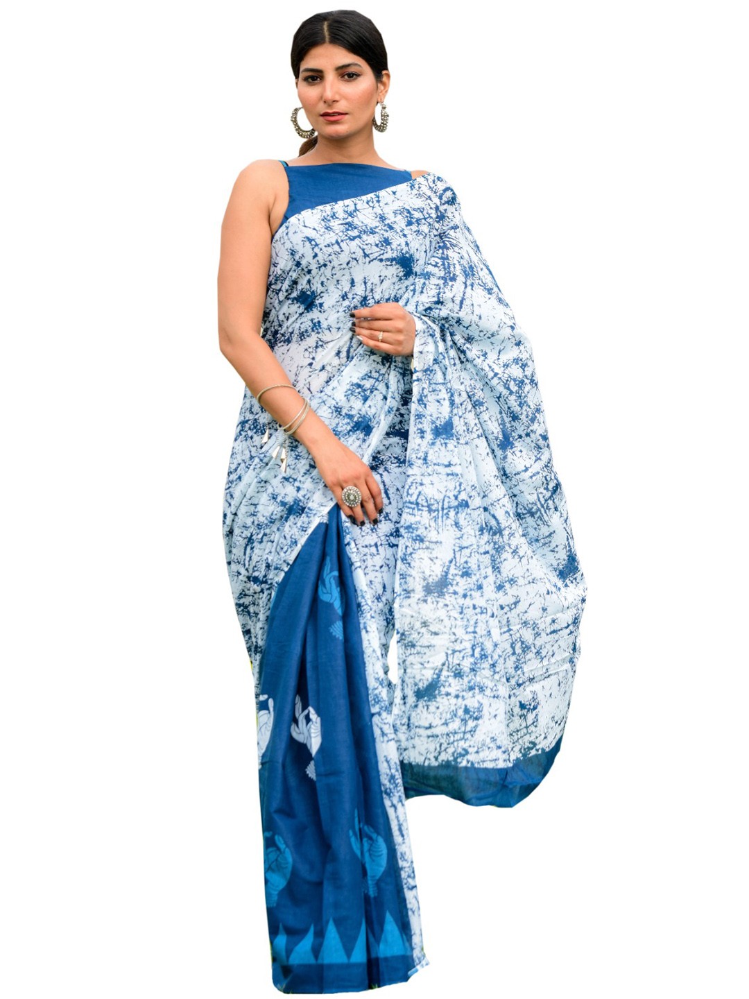 

KIAARON Abstract Pure Cotton Block Print Saree, Blue