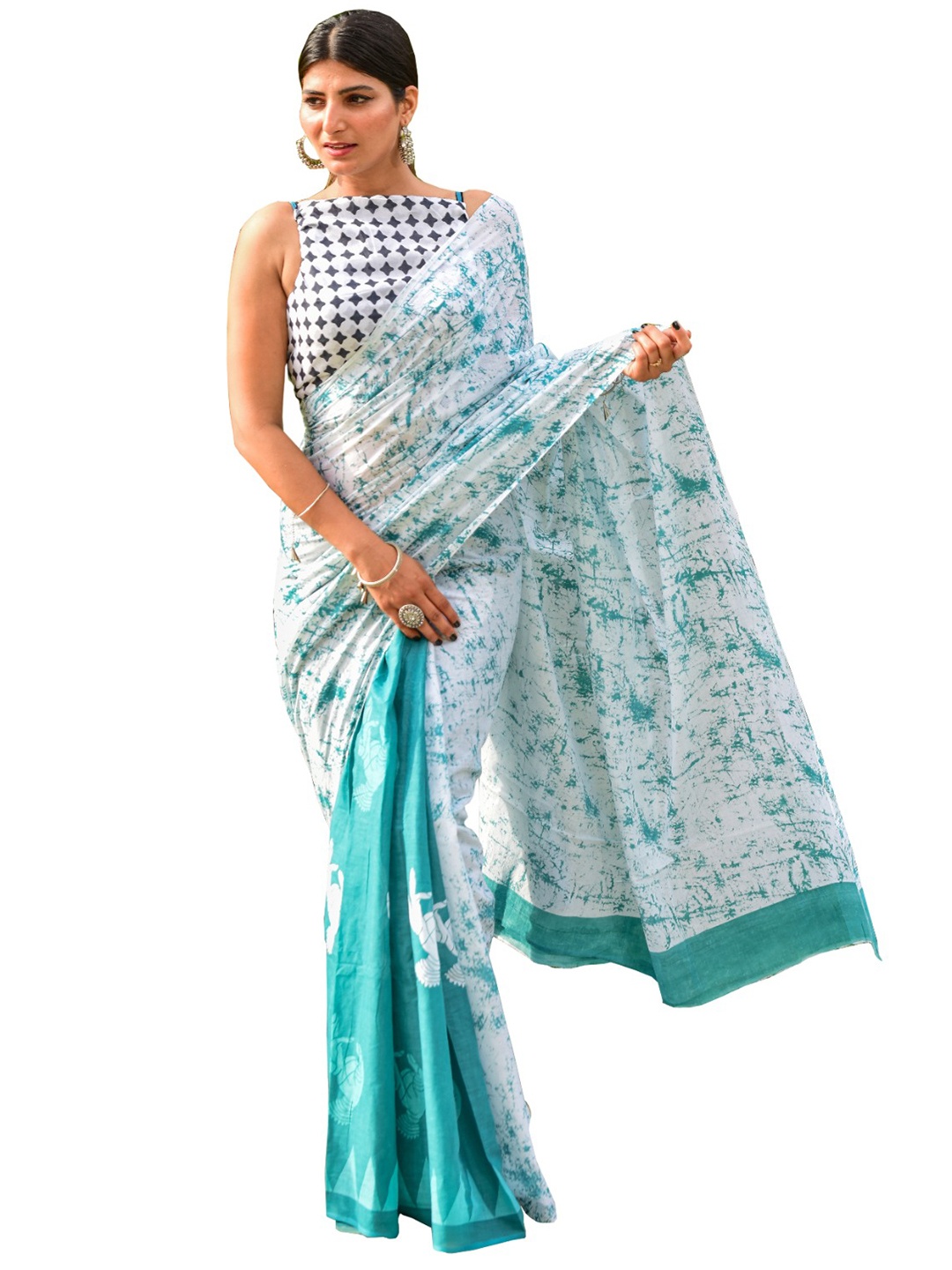 

KIAARON Abstract Pure Cotton Block Print Saree, Green