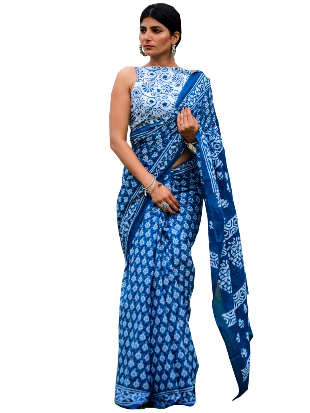 

KIAARON Ethnic Motifs Pure Cotton Block Print Saree, Blue