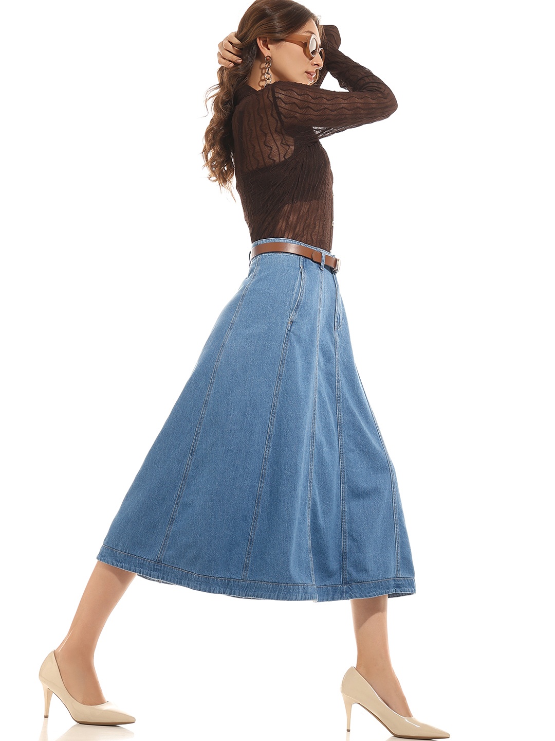

Vero Moda Pure Cotton A-Line Midi Denim Skirt, Blue